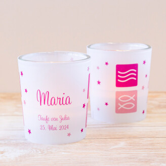 Windlicht Taufe Symbole pink inkl. Personalisierung & Glas