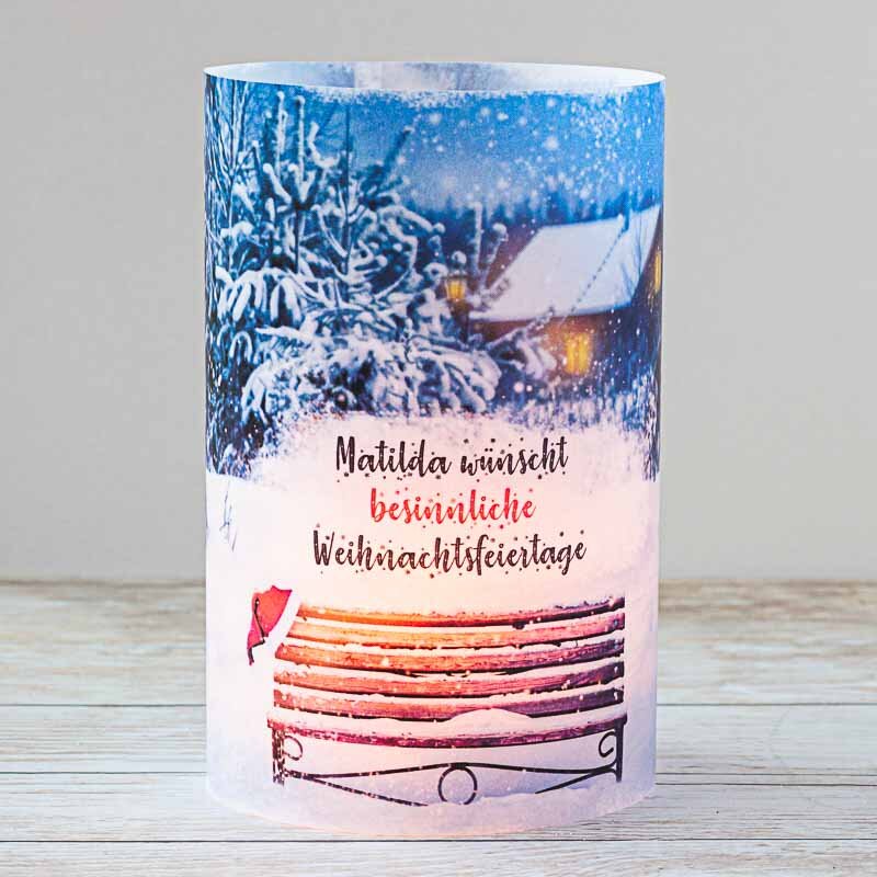 Windlicht Weihnachten Karte Bank im Schnee