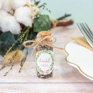 Gastgeschenk Taufe Mini Glasröhrchen mit Aufkleber Blumenkranz