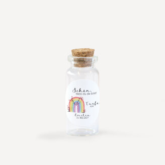 Gastgeschenk Taufe Mini Glasröhrchen mit Aufkleber Regenbogen Vintage